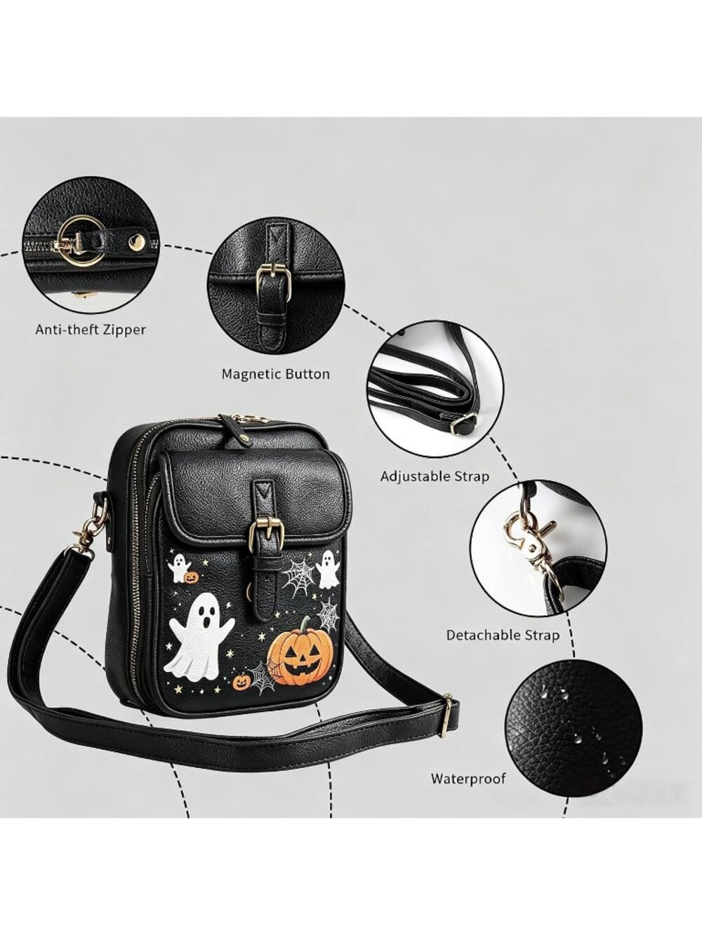 Women Halloween-Black Capacity Purse Card Slots Shoulder Leather Crossbody Bags - Picture 4 of 6